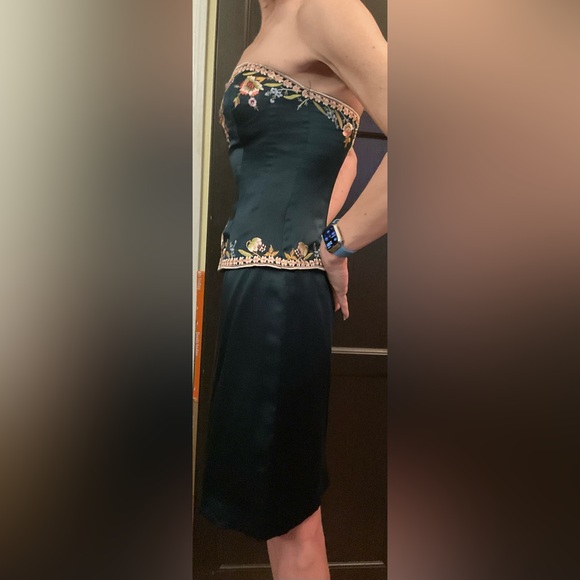 Sue Wong 100% 4 Silk Emerald Teal Strapless Embroidered Peplum Evening Dress - Picture 11 of 12